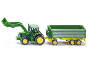Traktor John Deere s čelným nakladačom a prívesom Krampe, model v mierke 1:87