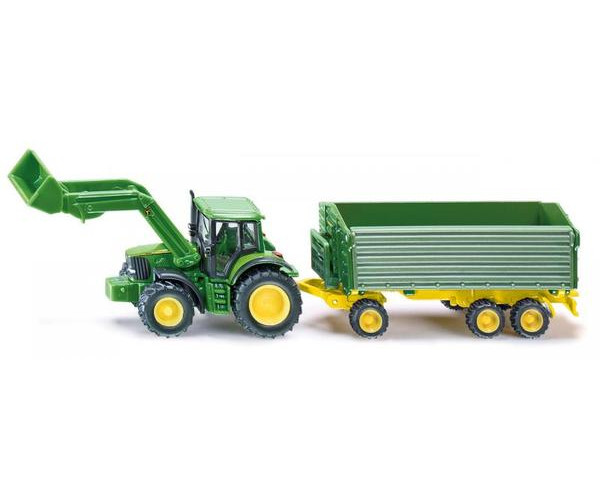 Traktor John Deere s čelným nakladačom a prívesom Krampe, model v mierke 1:87
