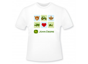 Detské tričko John Deere v bielej farbe so šiestimi obrázkami na zelenom podklade