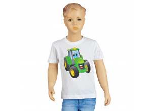 Detské tričko John Deere s obrázkom traktora Johnny v bielej farbe
